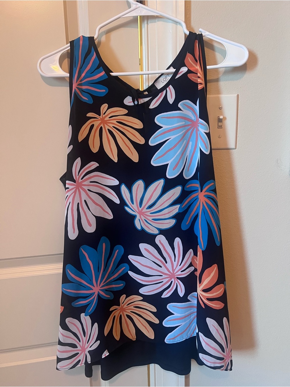 LOFT navy floral sleeveless top with coral and mint accents